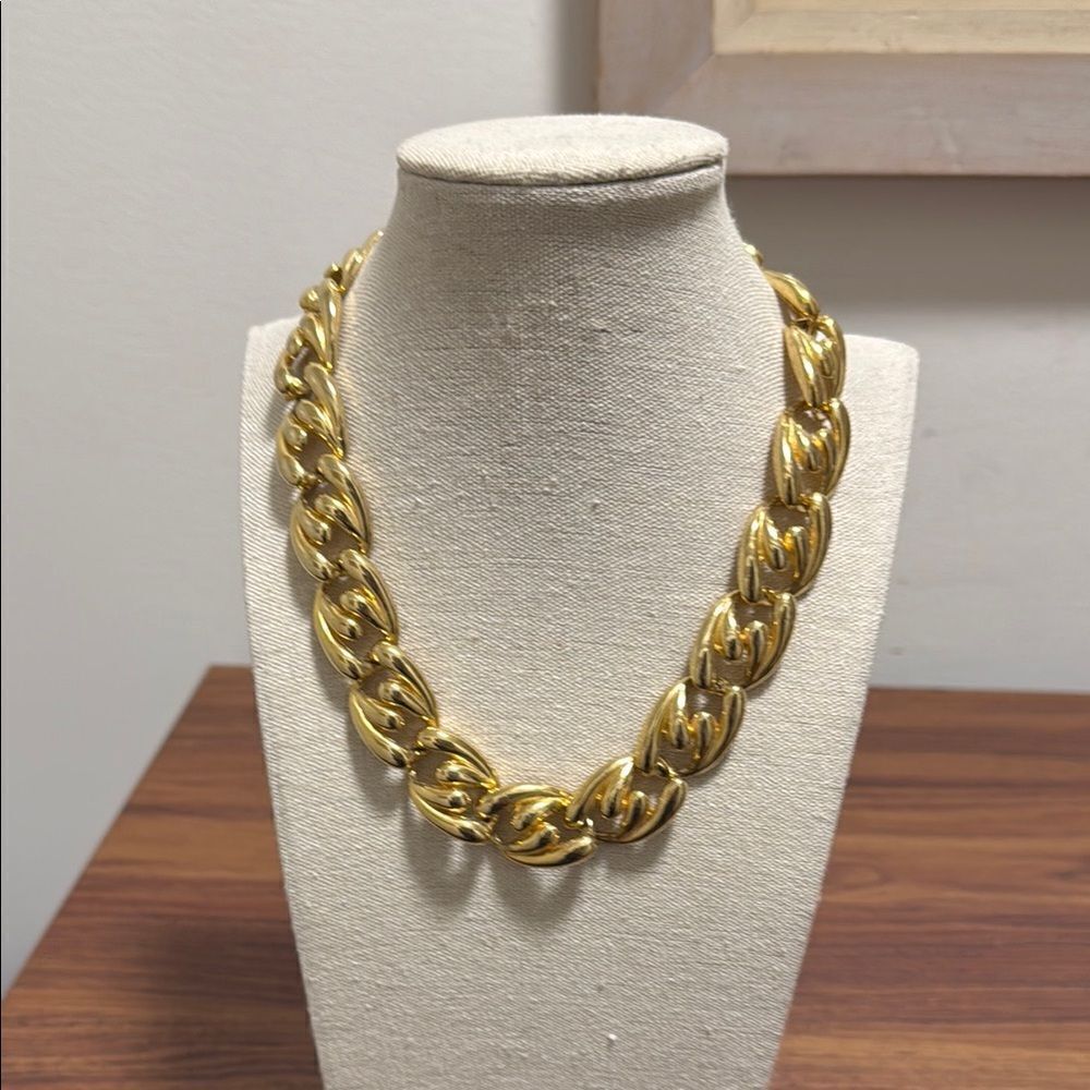 Chunky Gold-tone Open Link Statement Necklace with Fold Over Clasp.